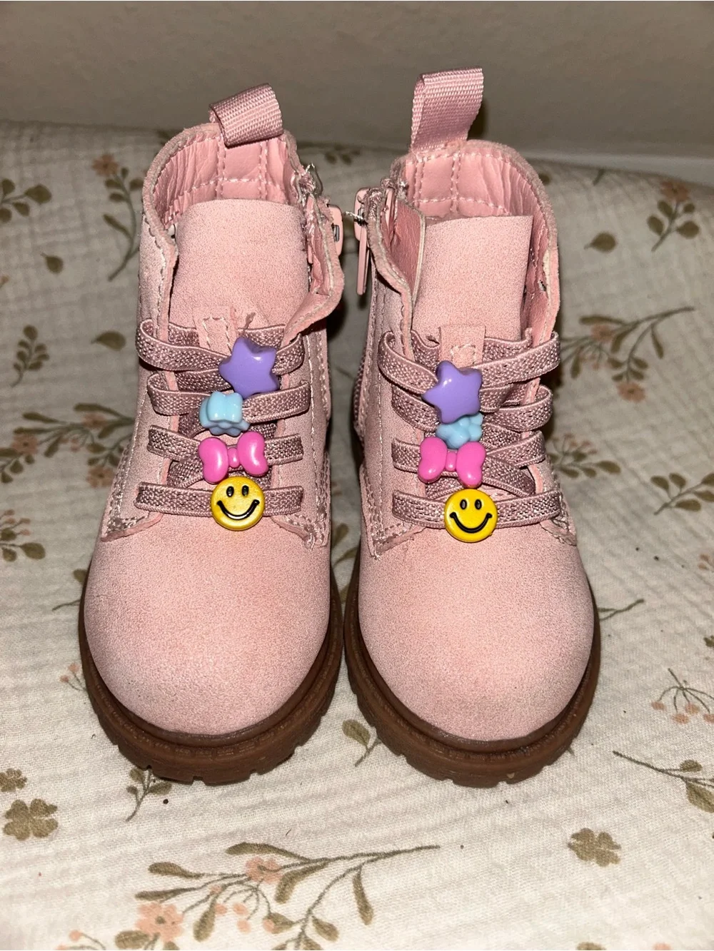 Carter's Pink Kids Lace-Up Ankle Boots with Smiley and Bow Charms